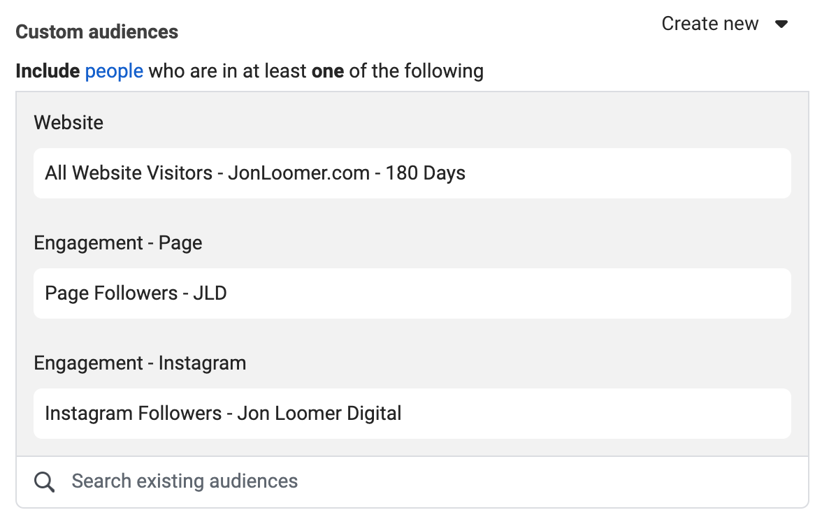 Facebook Ads Manager screenshot showing custom audiences including website visitors, Facebook page followers, and Instagram followers from JonLoomer.com over 180 days.