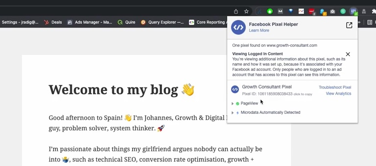 Screenshot of Facebook Pixel Helper browser extension confirming a pixel is active on a blog page, with details including pixel ID, page view status, and microdata detection.