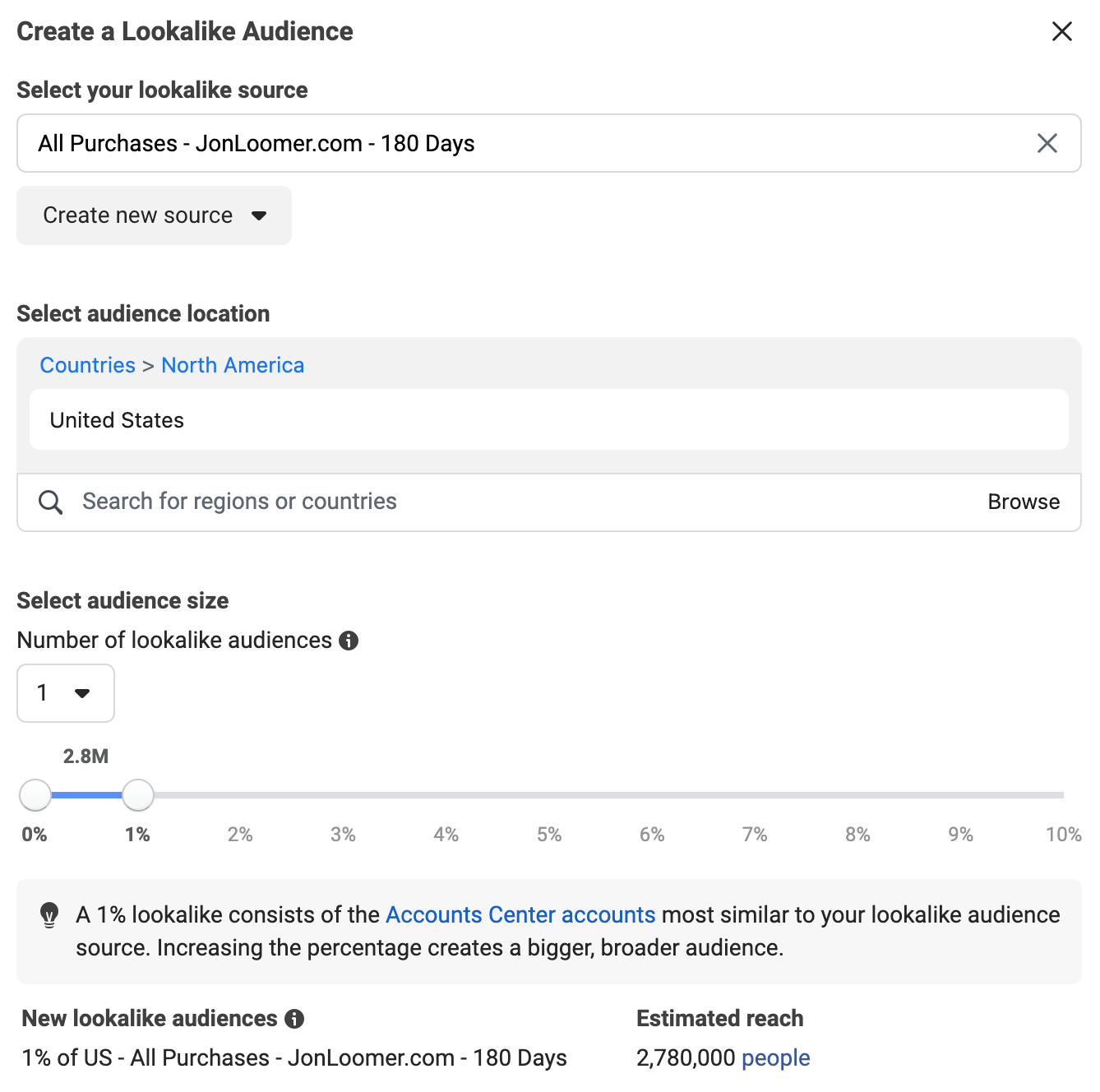 Meta Ads interface showing setup of a lookalike audience from a source labeled 'All Purchases – JonLoomer.com – 180 Days,' targeting the United States with a 1% similarity level and estimated reach of 2.78 million people.