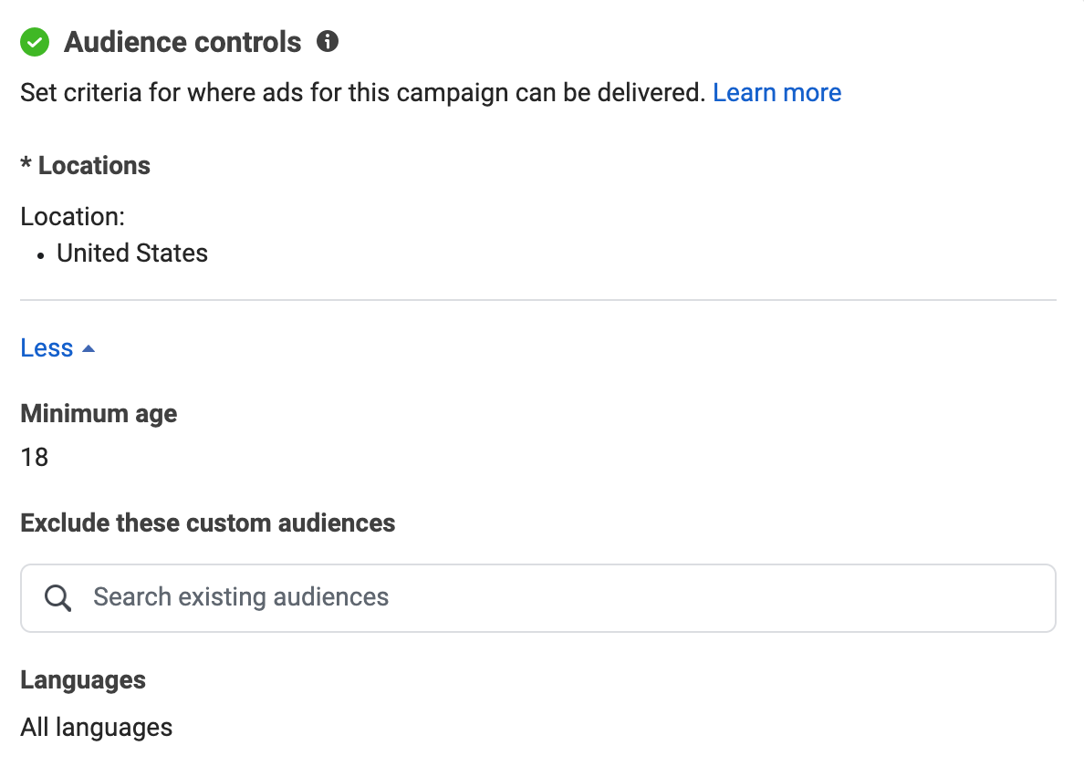 Screenshot of Meta Ads audience controls section showing selected location as United States, minimum age set to 18, and language targeting set to all languages.
