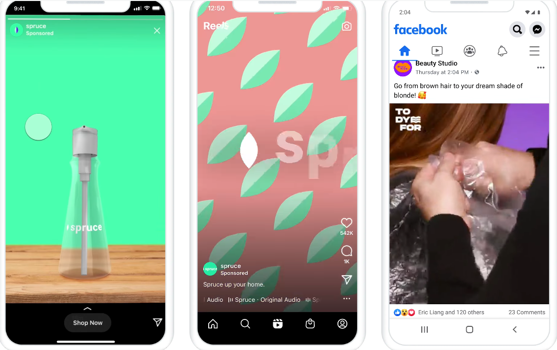 Three mobile screens showcasing Instagram Stories and Facebook ads for brands like spruce and Beauty Studio, including visuals of products and branded elements.