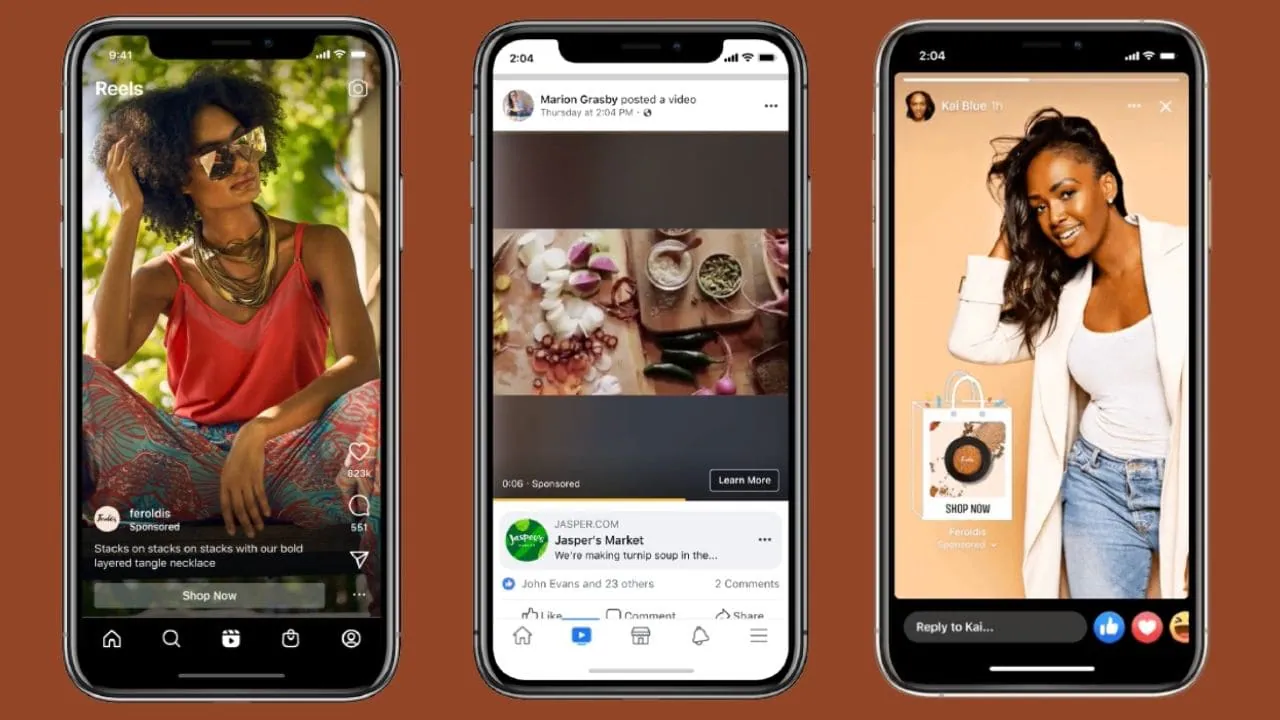 Three mobile screens showing sponsored ads in Instagram Reels, Facebook video feed, and Instagram Stories, featuring diverse lifestyle and product promotions.