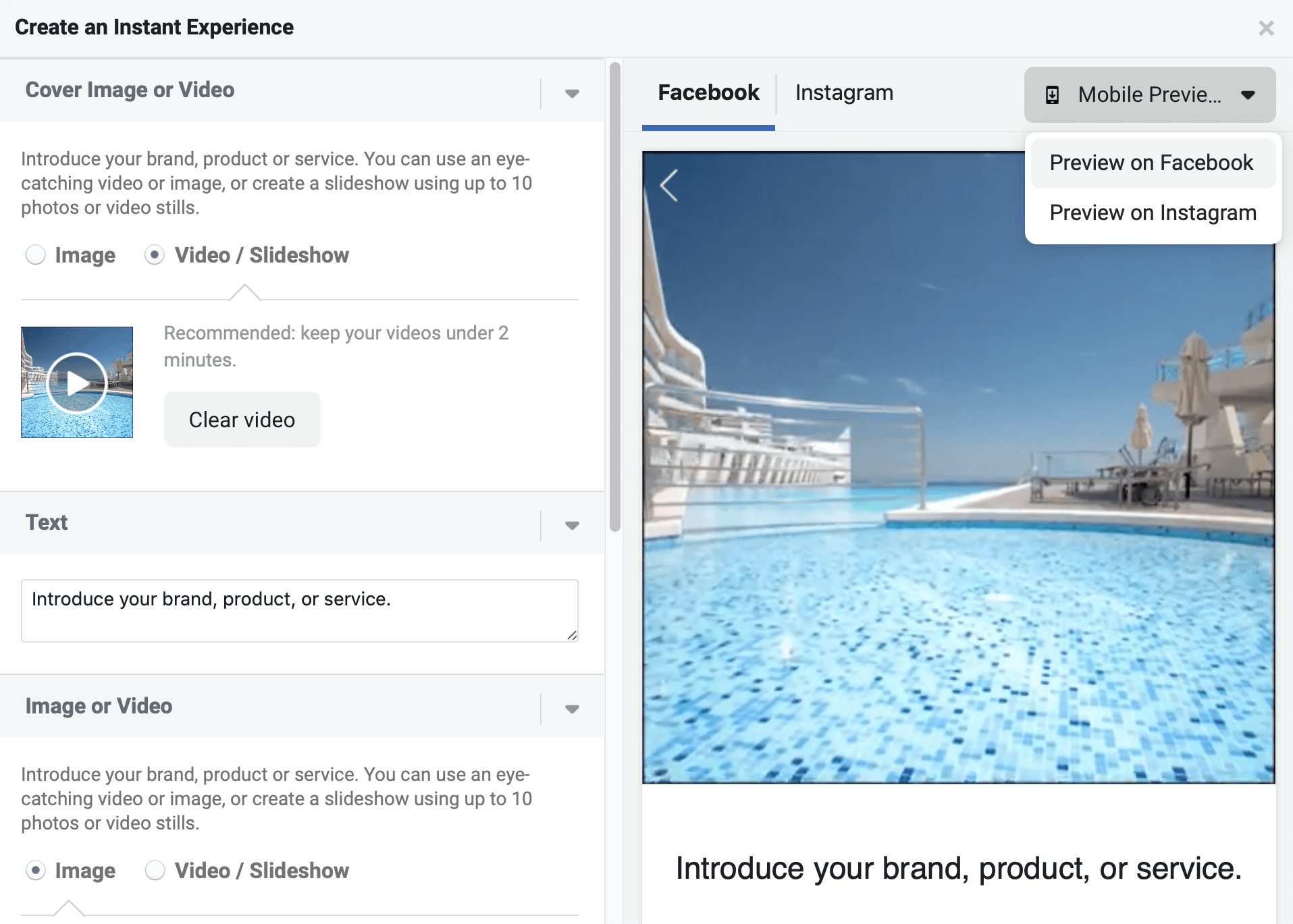 Facebook Ads Manager interface displaying Instant Experience setup with a video preview of a swimming pool and text box for introducing a brand or service.