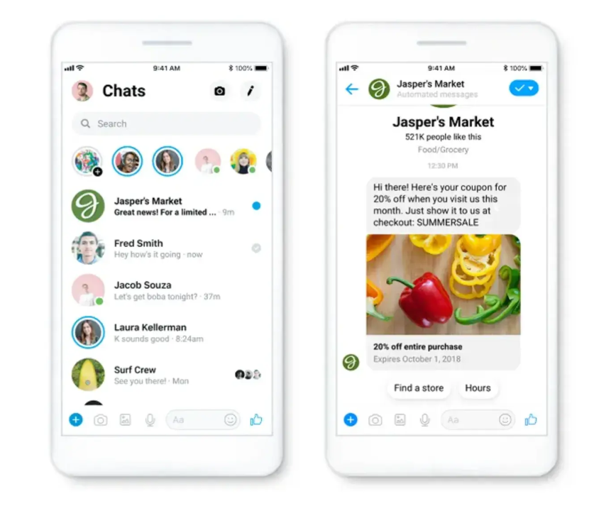 Two smartphone screens showing a Facebook Messenger chat with Jasper’s Market, offering a 20% off coupon with a photo of colorful peppers.