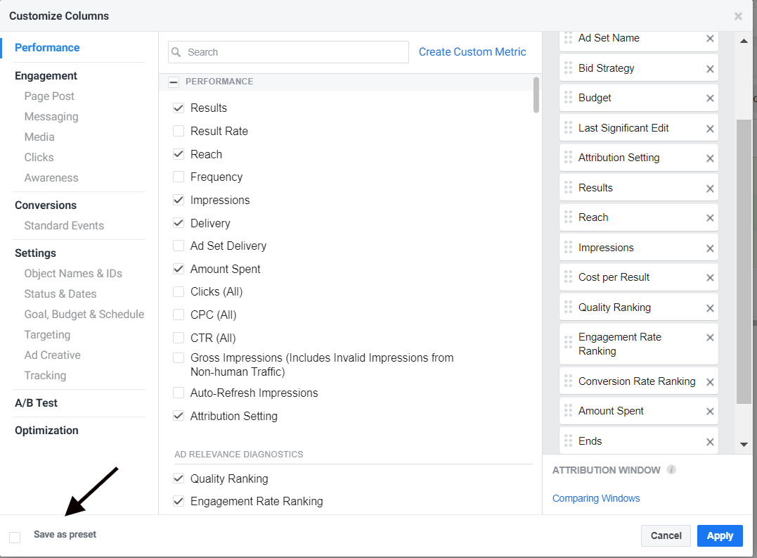 A screenshot showing the 'Customize Columns' settings in Meta Ads Manager with selected performance metrics like Results, Reach, Impressions, and Amount Spent.