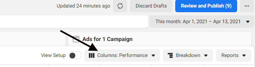 A screenshot from Meta Ads Manager highlighting the 'Columns: Performance' dropdown, used to customize ad performance data views.