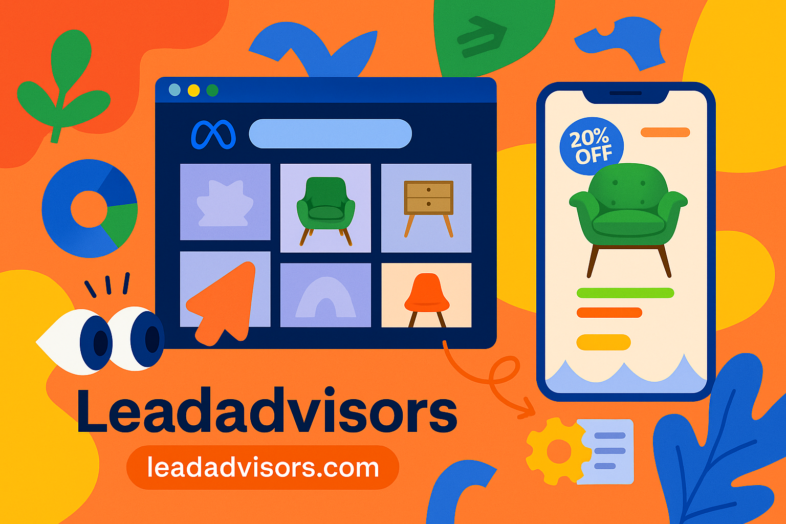 Illustration of a digital marketing concept featuring a desktop window with furniture thumbnails and a mobile phone displaying a green chair with a 20% off tag, surrounded by abstract shapes and the LeadAdvisors logo and URL