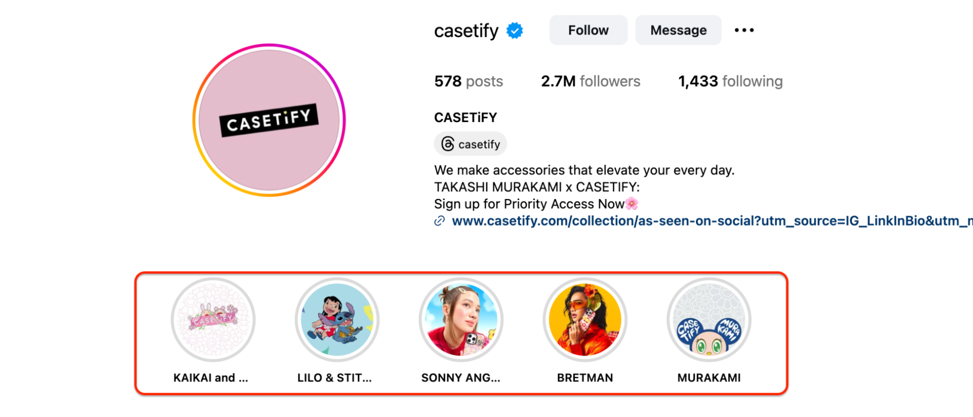 Casetify Instagram profile with bio, follower count, and story highlights including Kaikai, Lilo & Stitch, Sonny Angel, Bretman, and Murakami