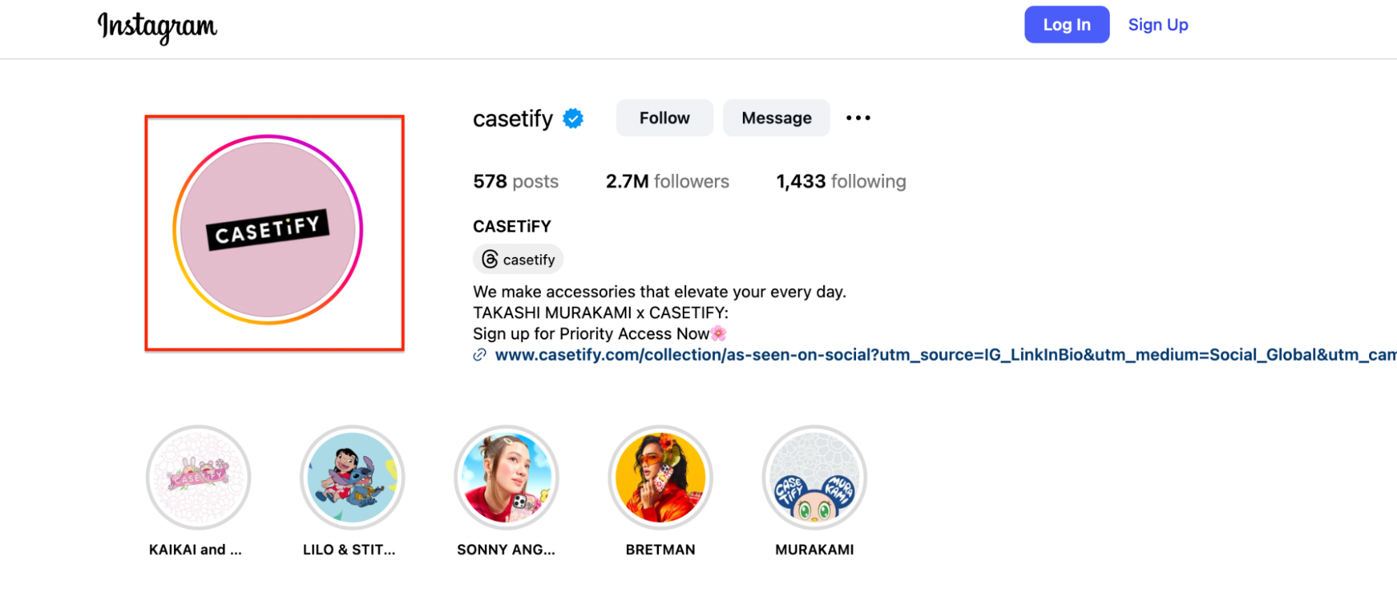 Casetify Instagram profile showing logo, verified badge, bio, website link, and story highlights