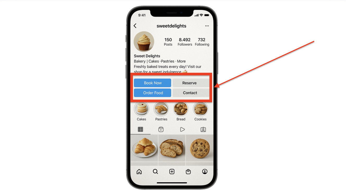 Instagram business profile showing action buttons for book now, order food, reserve, and contact