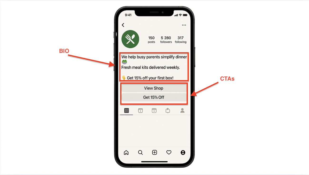 Instagram business profile example showing bio with discount offer and CTA buttons for shop and promotion