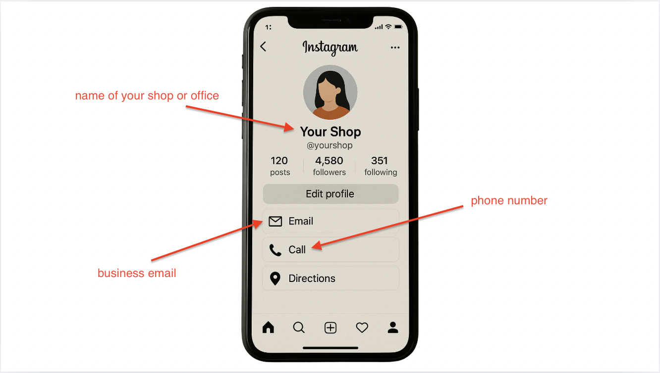 Instagram business profile showing shop name, email, and phone number options