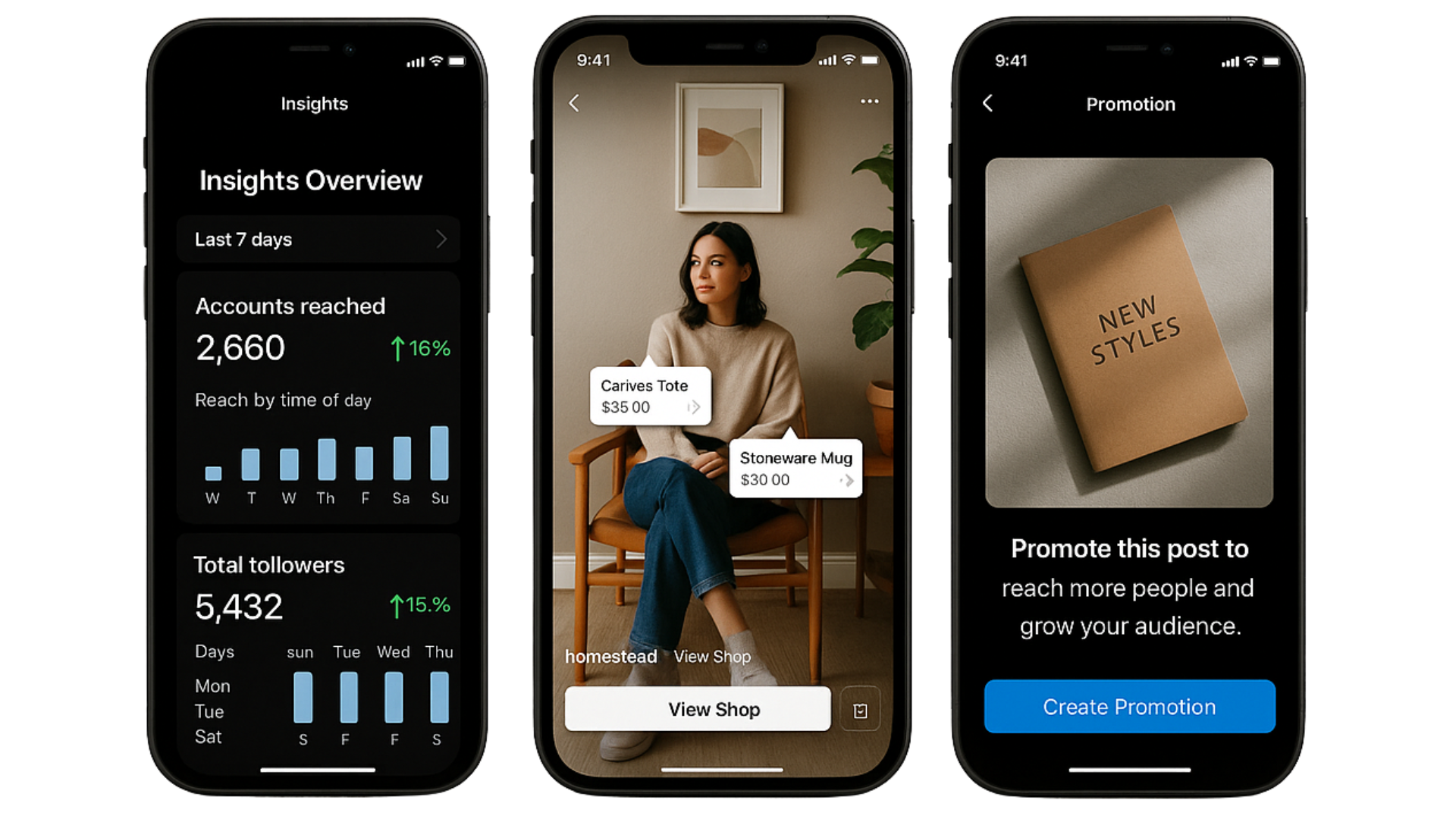 Instagram insights overview, shoppable post with product tags, and promotion option displayed on mobile screens