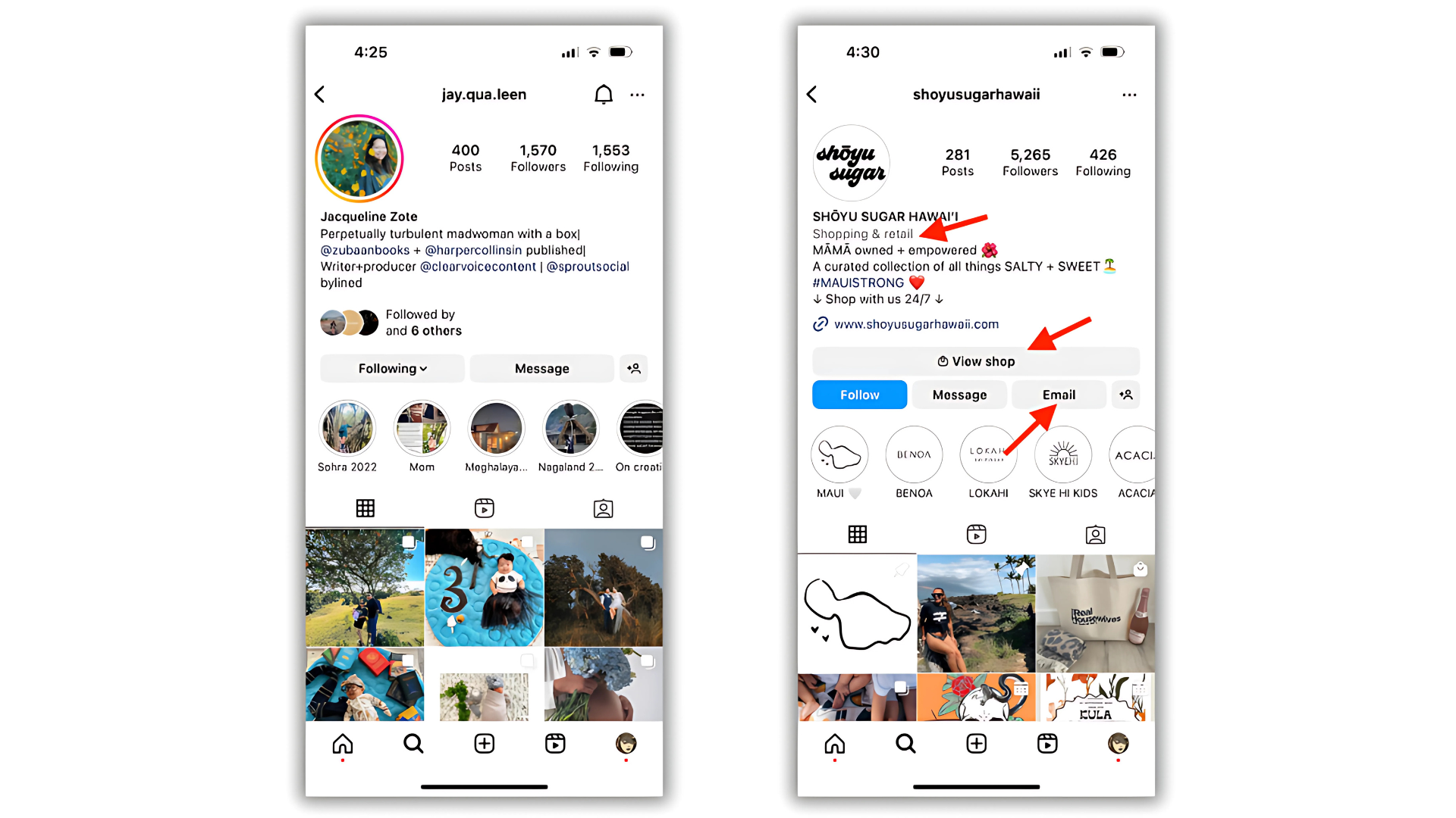 Two Instagram profiles showing bio descriptions, shop button, and email contact option