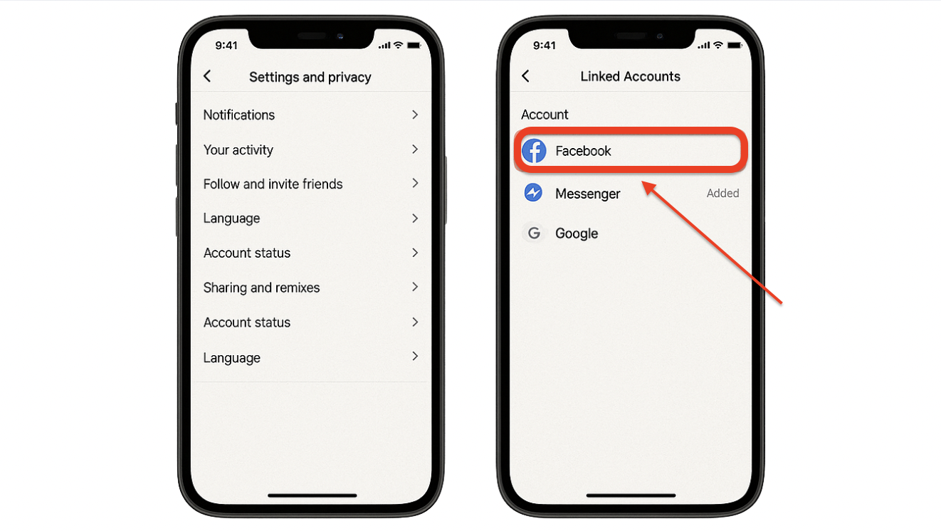 Instagram settings showing linked accounts option with Facebook selected for connection