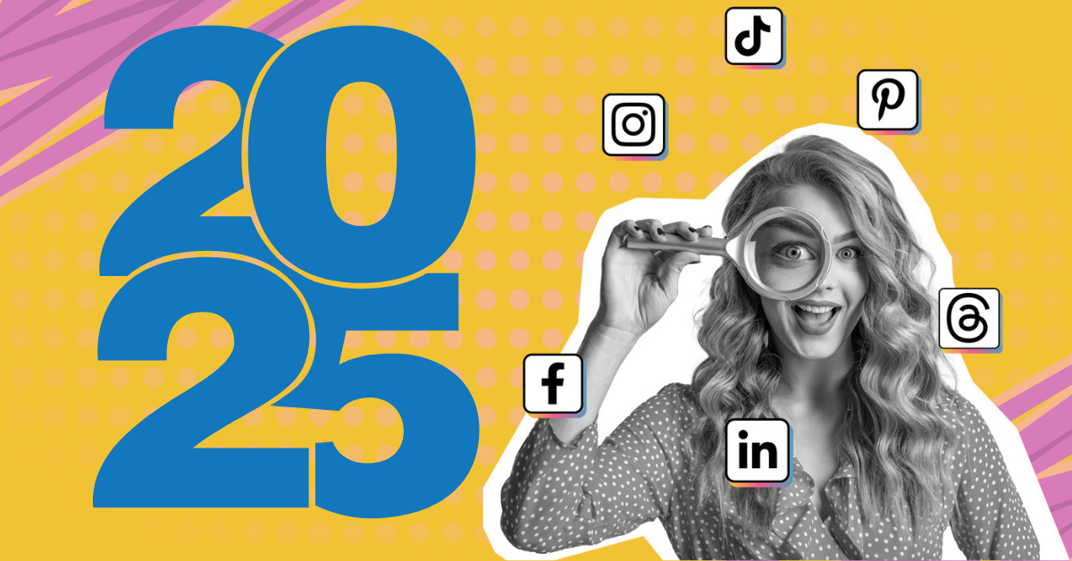 A woman holding a magnifying glass with 2025 text and social media icons in the background.
