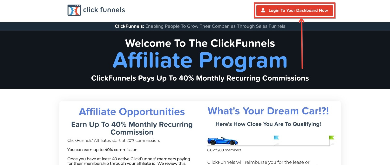 ClickFunnels affiliate program portal promoting up to 40% monthly recurring commissions with gamified progress tracking.