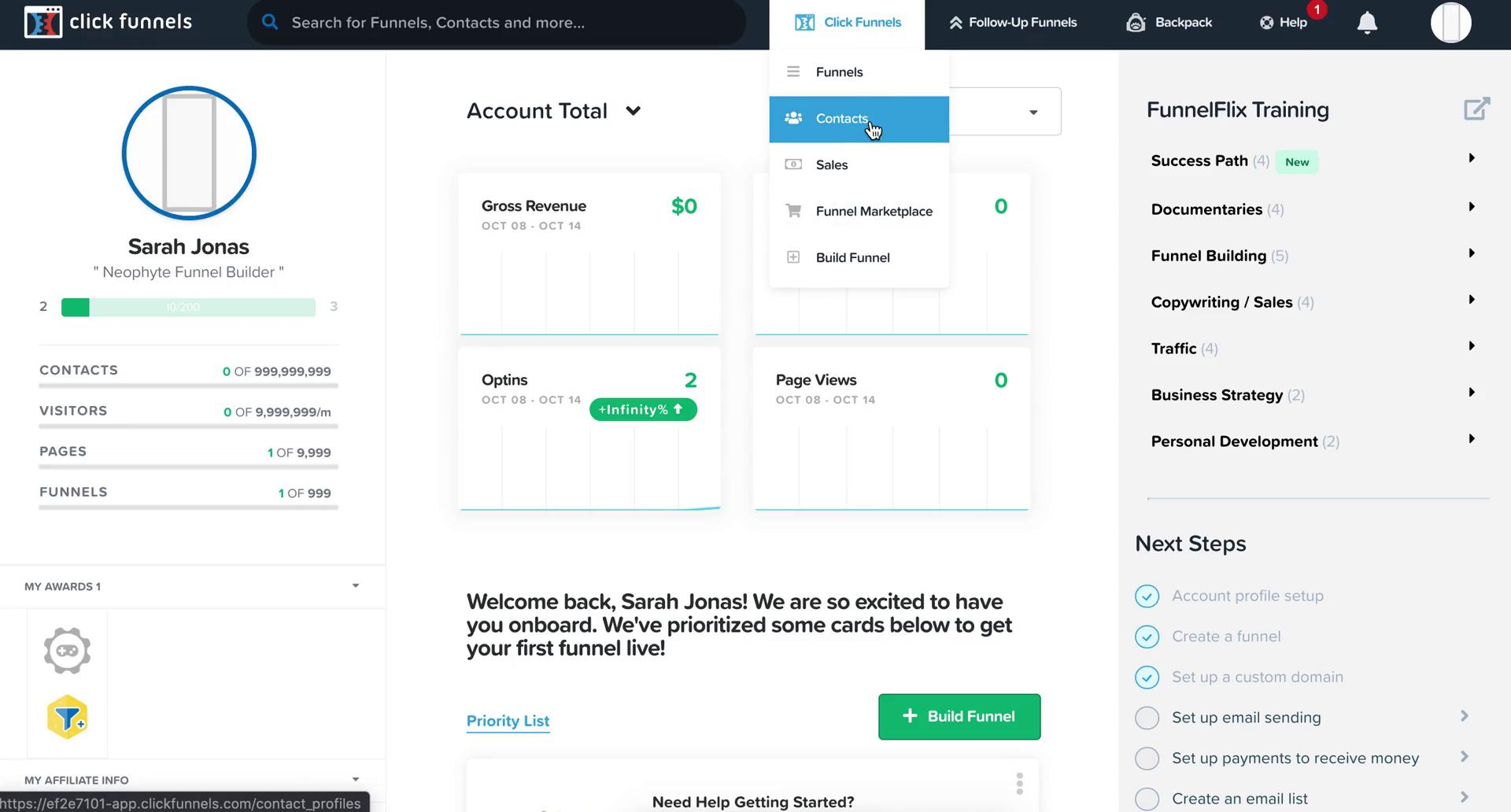 ClickFunnels dashboard featuring CRM metrics, funnel creation menu, and personalized onboarding steps for marketers.