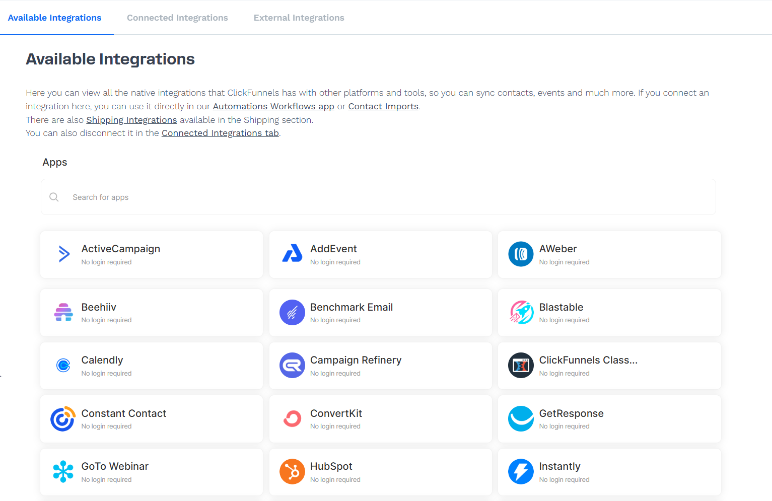 ClickFunnels integrations dashboard showing connected marketing tools like ActiveCampaign, ConvertKit, and HubSpot.