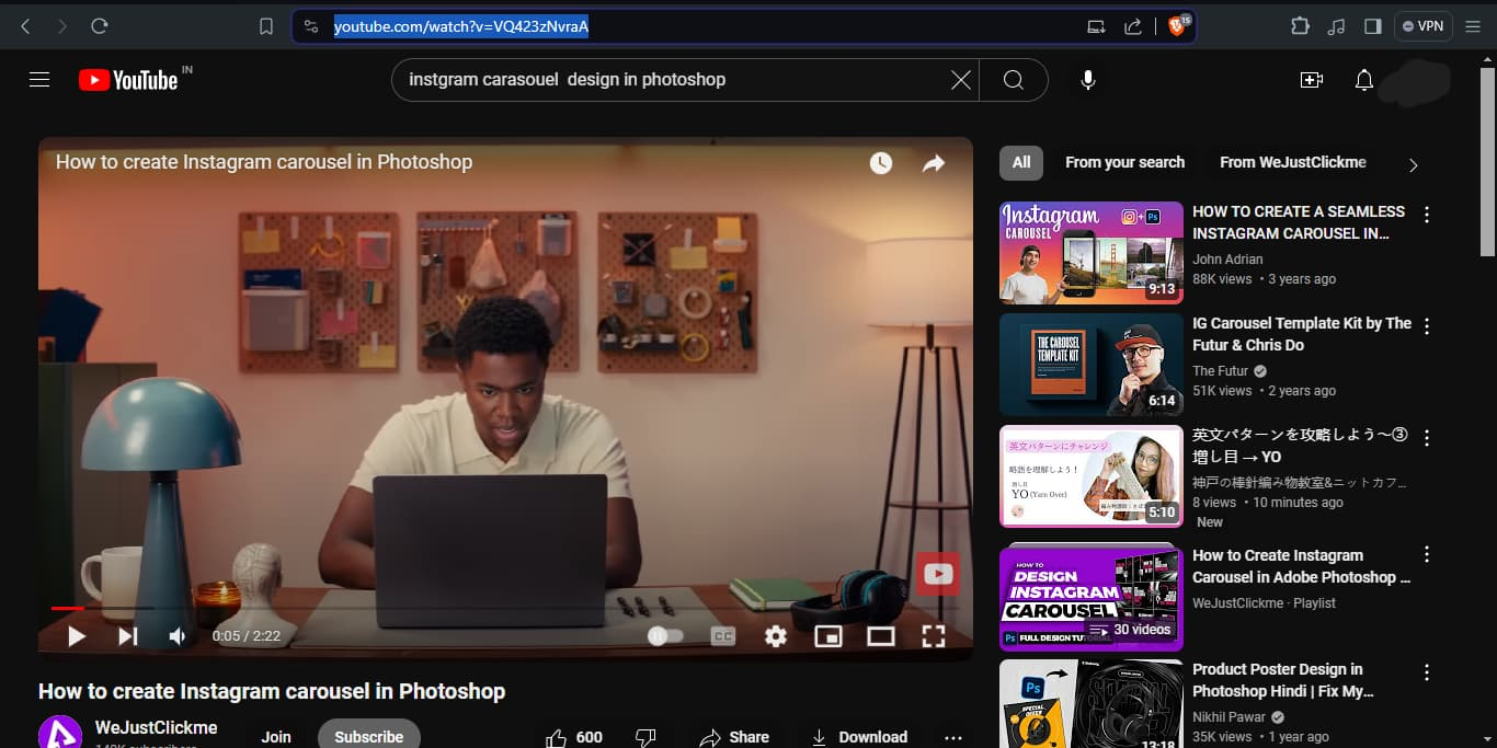 A YouTube tutorial screenshot showing a person working on a laptop with the video title “How to create Instagram carousel in Photoshop” by WeJustClickme.
