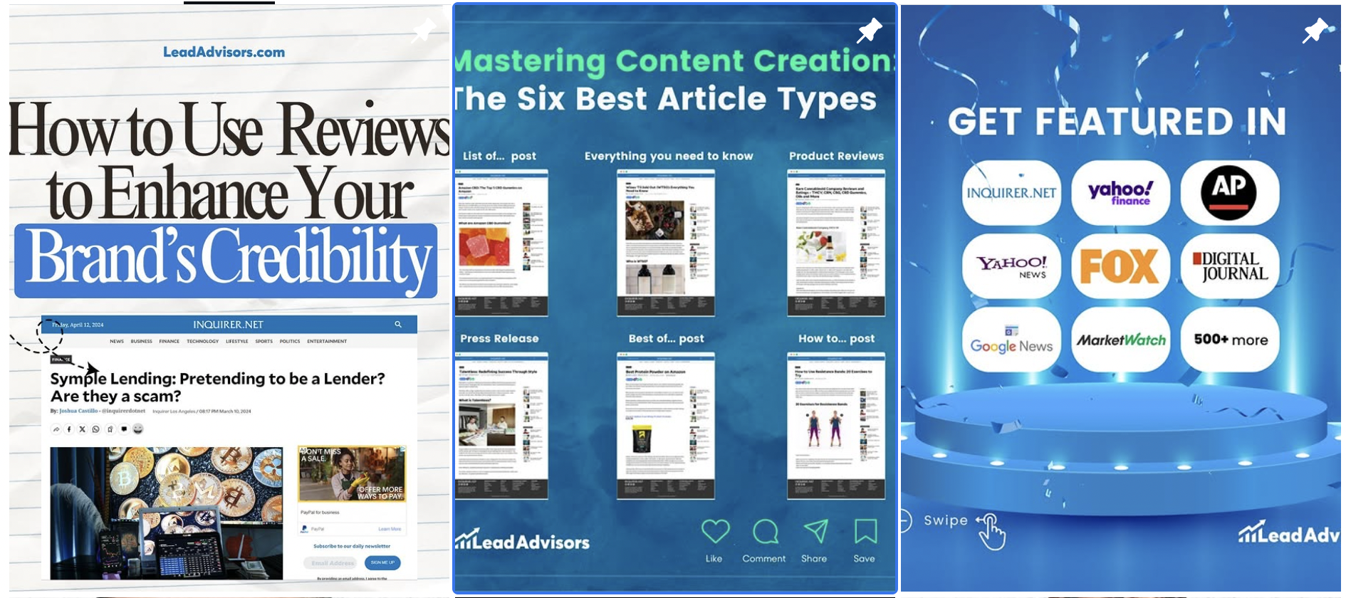 An infographic from LeadAdvisors showcasing tips on enhancing brand credibility using reviews, top article types, and media outlets for featured press.