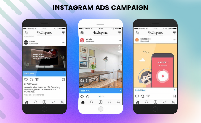 An image displaying three Instagram sponsored ad examples from Sonos, Airbnb, and Headspace, highlighting different ad formats and calls-to-action.
