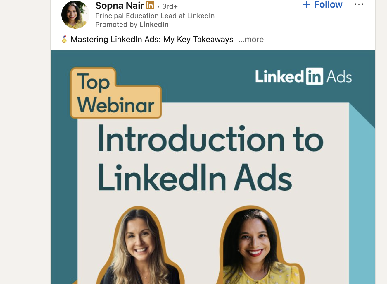A LinkedIn webinar promotion featuring Sopna Nair, titled “Introduction to LinkedIn Ads,” highlighting key takeaways for mastering LinkedIn advertising.