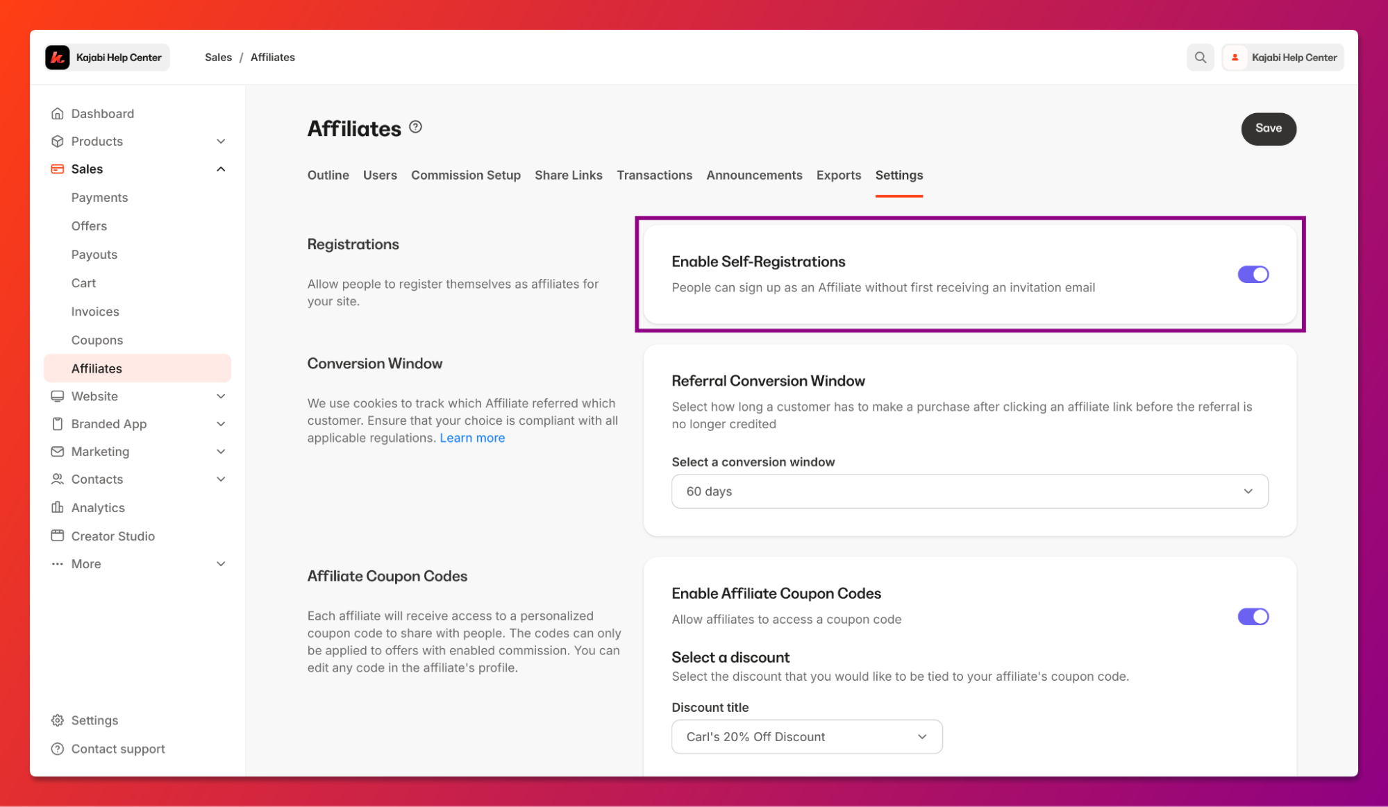 Kajabi affiliate dashboard with options for self-registration, referral window settings, and coupon code management.