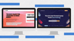 Side-by-side comparison of Kajabi and ClickFunnels homepages on desktop screens, highlighting their core value propositions for online business owners in 2025.