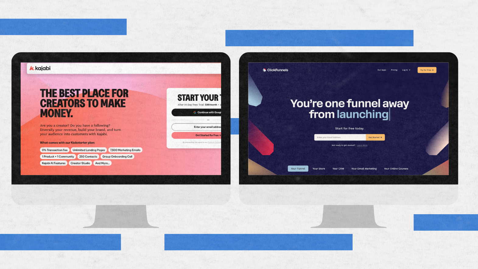 Side-by-side comparison of Kajabi and ClickFunnels homepages on desktop screens, highlighting their core value propositions for online business owners in 2025.