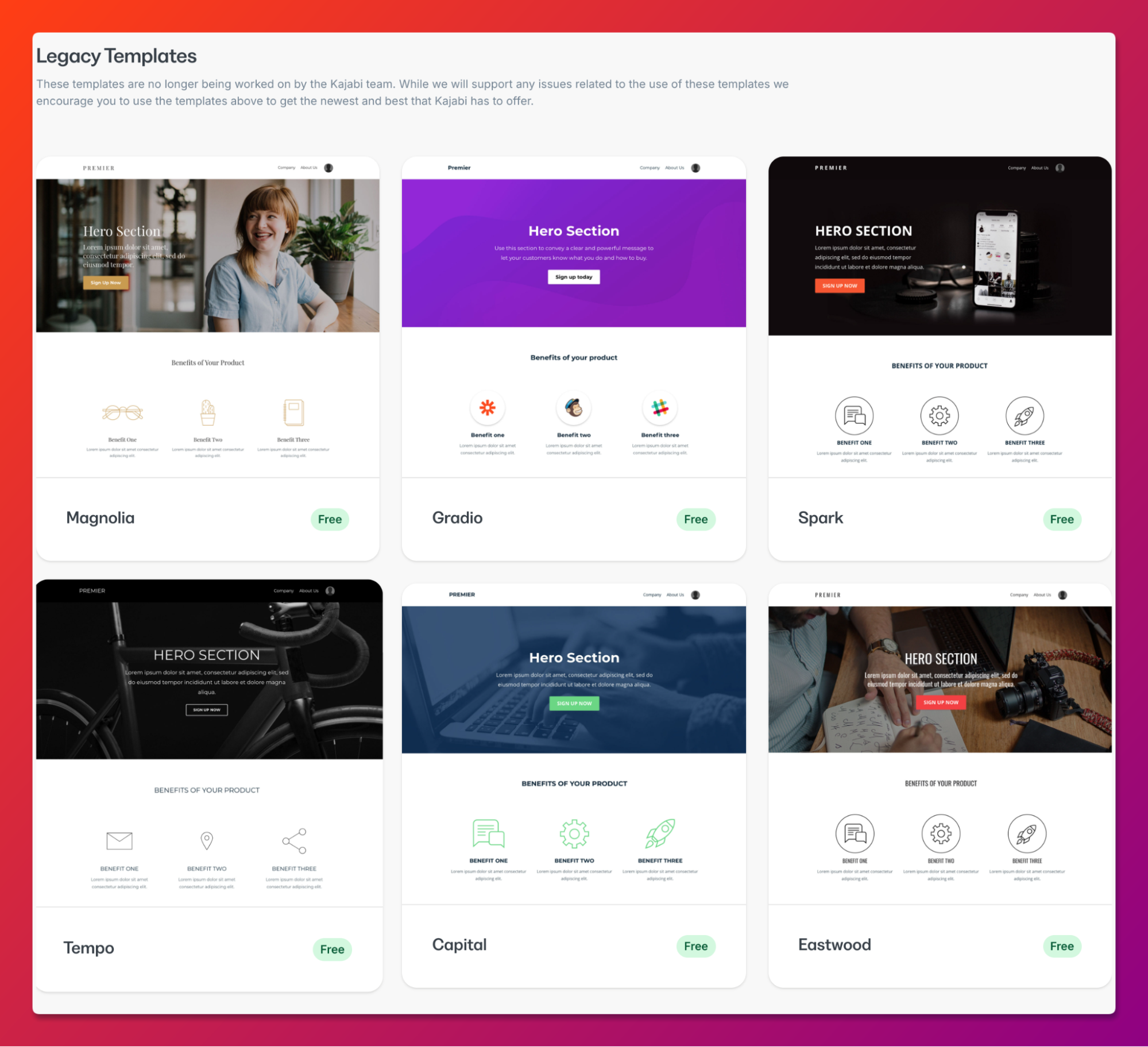 Gallery of Kajabi’s legacy website templates with various homepage and hero section designs for digital products.