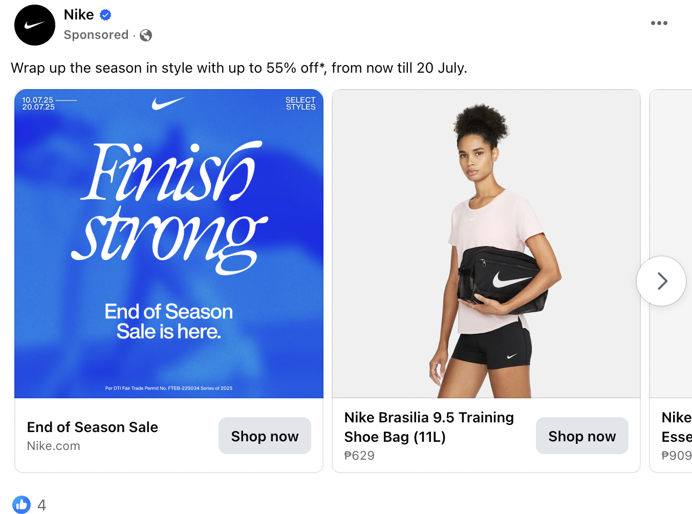 A Nike sponsored ad promoting its end-of-season sale with up to 55% off, featuring a “Finish Strong” banner and a model holding a Nike Brasilia training shoe bag.