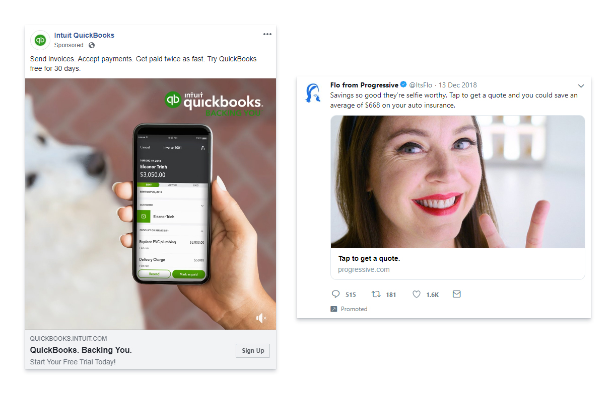 An image showing QuickBooks and Progressive sponsored ads, featuring QuickBooks invoice management on mobile and Progressive’s Flo promoting auto insurance quotes.