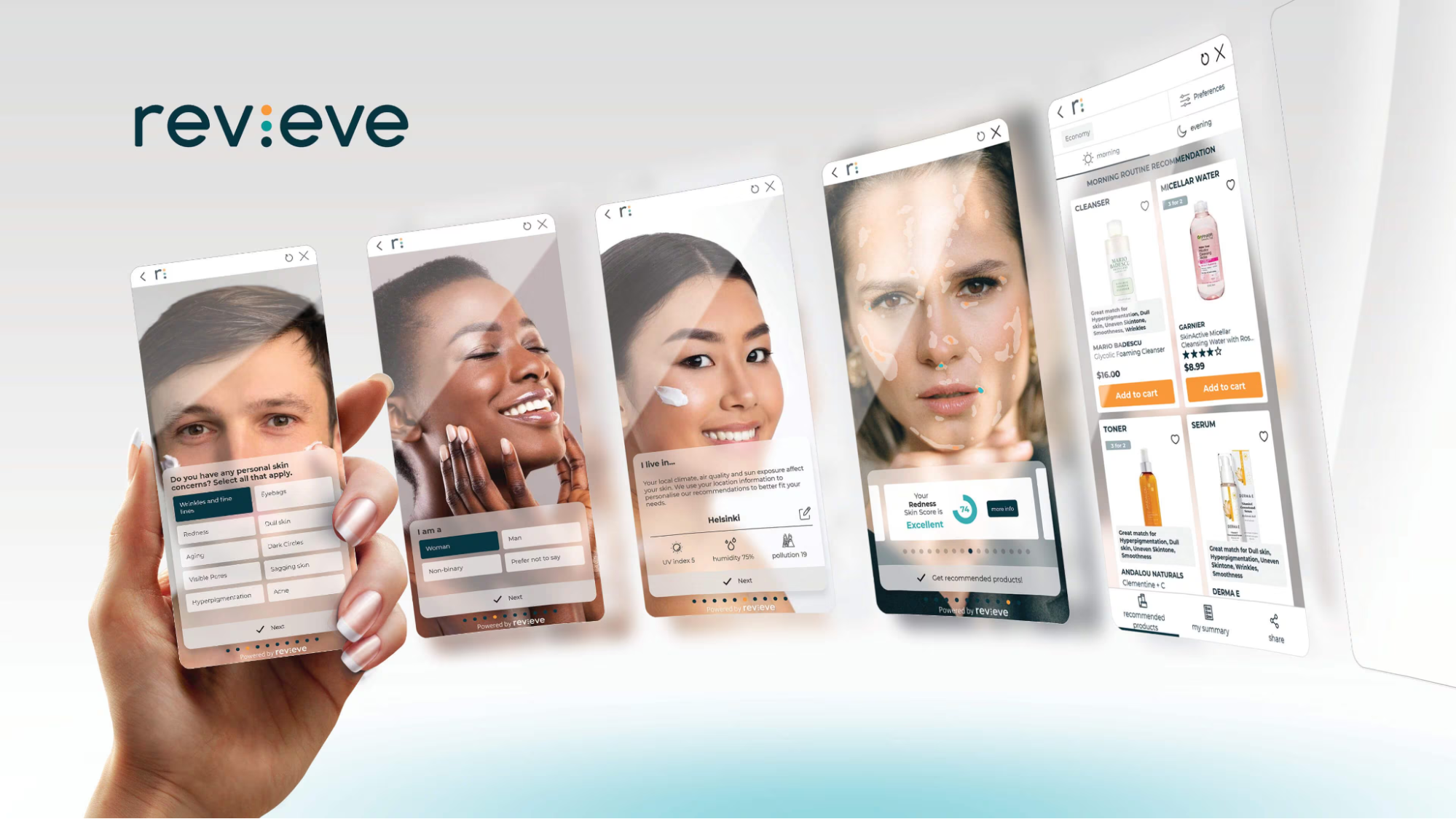 Illustration of Revieve’s digital beauty platform showing personalized skincare analysis, recommendations, and e-commerce integration on mobile screens.