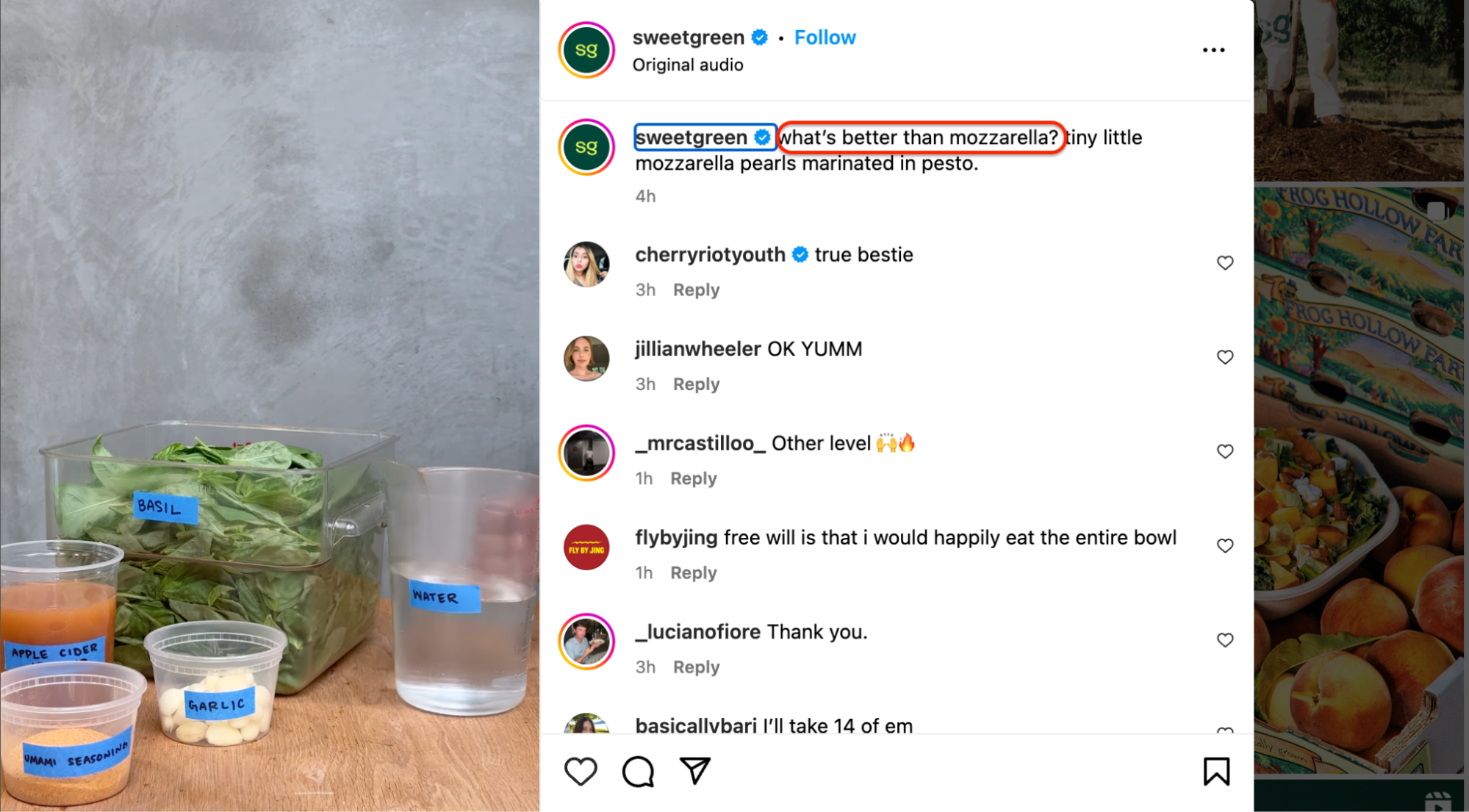 Sweetgreen Instagram post featuring ingredients like basil, garlic, apple cider, and mozzarella pearls marinated in pesto.