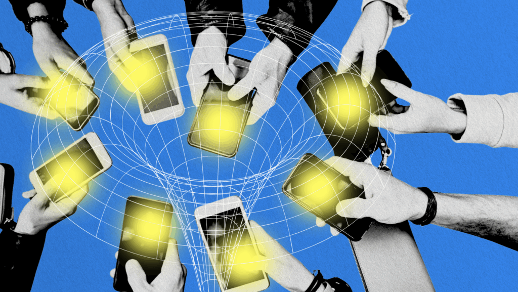 Several hands holding smartphones with glowing screens are arranged in a circle over a blue background, with white digital grid lines radiating from the center, illustrating the collaborative nature of building a social media plan.