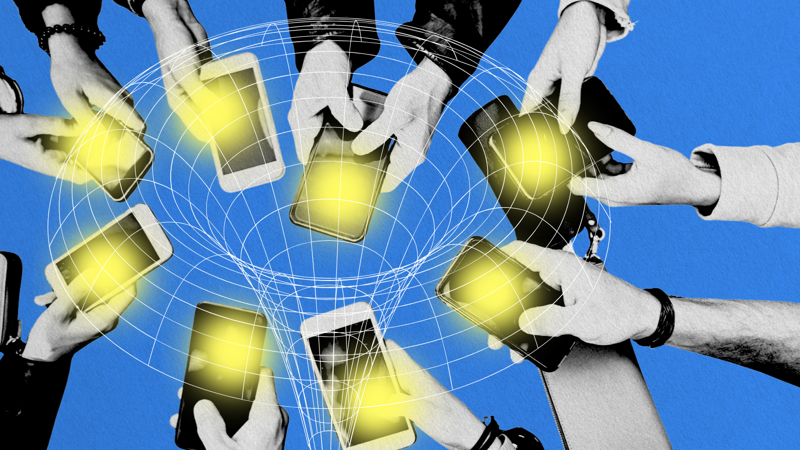 Several hands holding smartphones with glowing screens are arranged in a circle over a blue background, with white digital grid lines radiating from the center, illustrating the collaborative nature of building a social media plan.