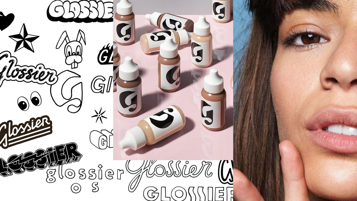 Several small bottles with bold black-and-white labels are arranged on a pink surface, flanked by illustrated Glossier logos on the left and a partial close-up of a woman's face on the right—perfect inspiration for building a social media plan.