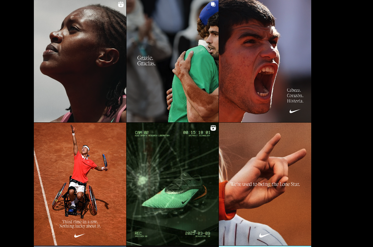 A collage of six Nike ads featuring athletes celebrating, a close-up of a green Nike shoe, and a hand making a rock on gesture—perfect inspiration for building a social media plan with motivational phrases in English, Spanish, and Italian.