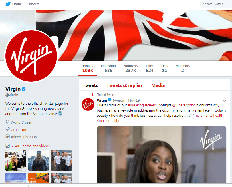 Virgin twitter page