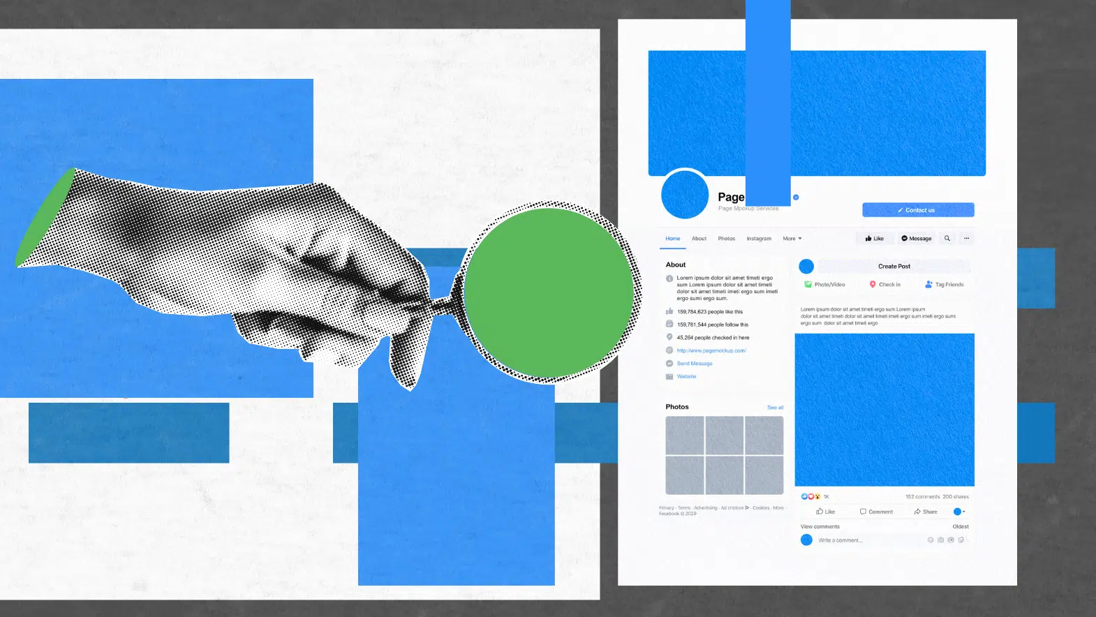 A collage-style image shows a hand holding a magnifying glass over a stylized Facebook page layout with blue boxes, suggesting analysis or investigation after you grant agency access to your Facebook page.