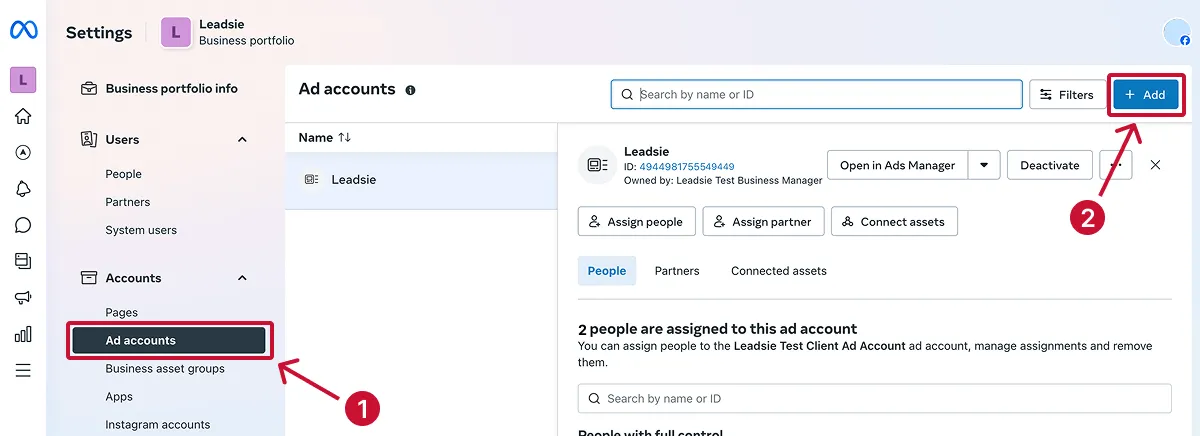 Screenshot of Facebook Business settings showing how to add a new ad account under accounts.