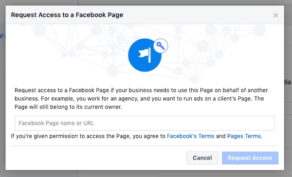 A Facebook pop-up window showing the option to request access to manage or advertise on a client’s Page.