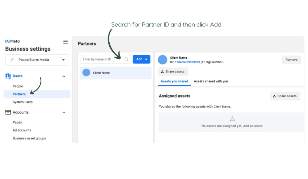 Screenshot of Meta Business settings showing how to enter a partner ID and assign assets.