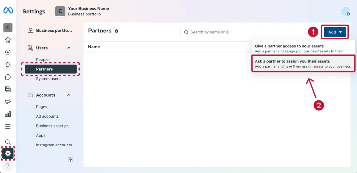 Screenshot of Facebook Business Manager settings showing how to add a partner and request asset access.