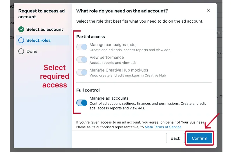Screenshot of Facebook request access screen showing partial and full ad account permissions with confirm button.