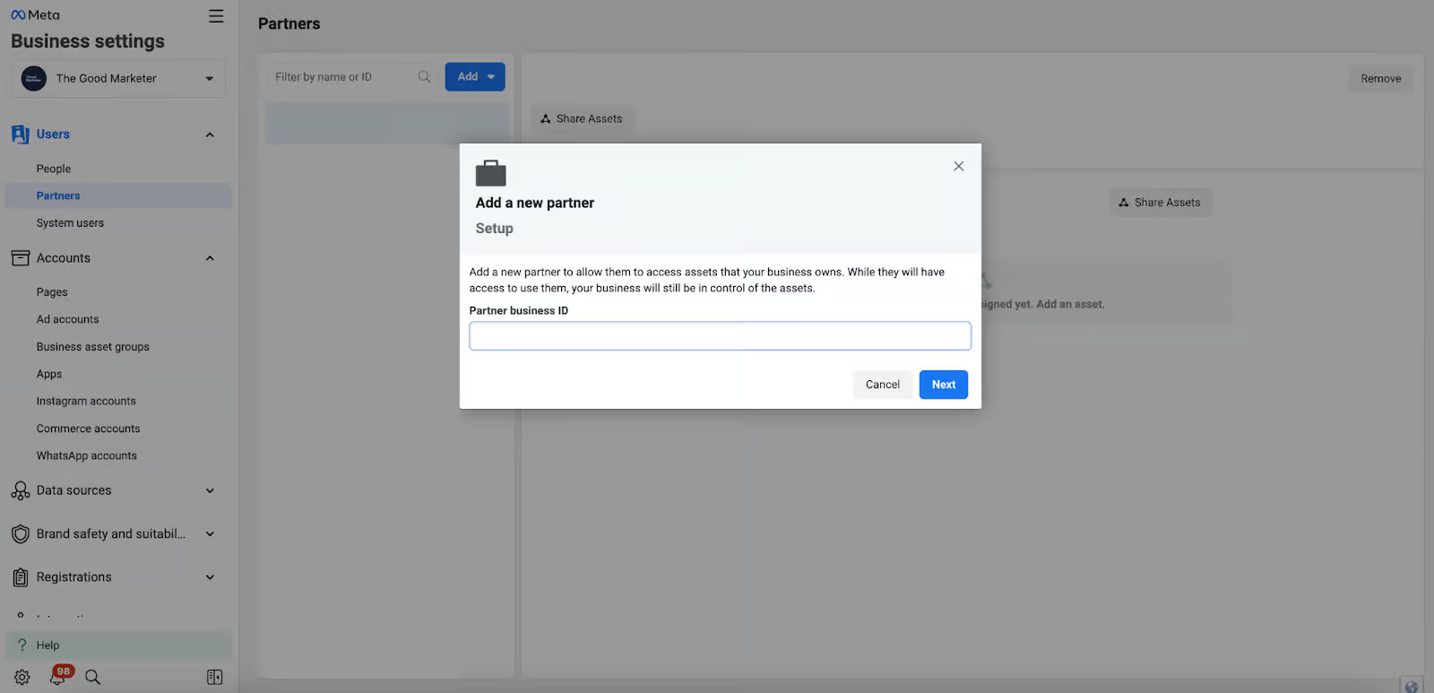 Screenshot of Meta Business settings showing the option to enter a partner business ID to add a new partner.