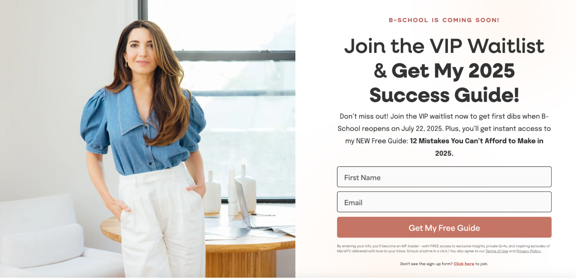 A promotional sign-up page featuring a woman in a denim shirt and white pants inviting users to join the B-School VIP waitlist for early access and a free 2025 success guide titled “12 Mistakes You Can’t Afford to Make in 2025.
