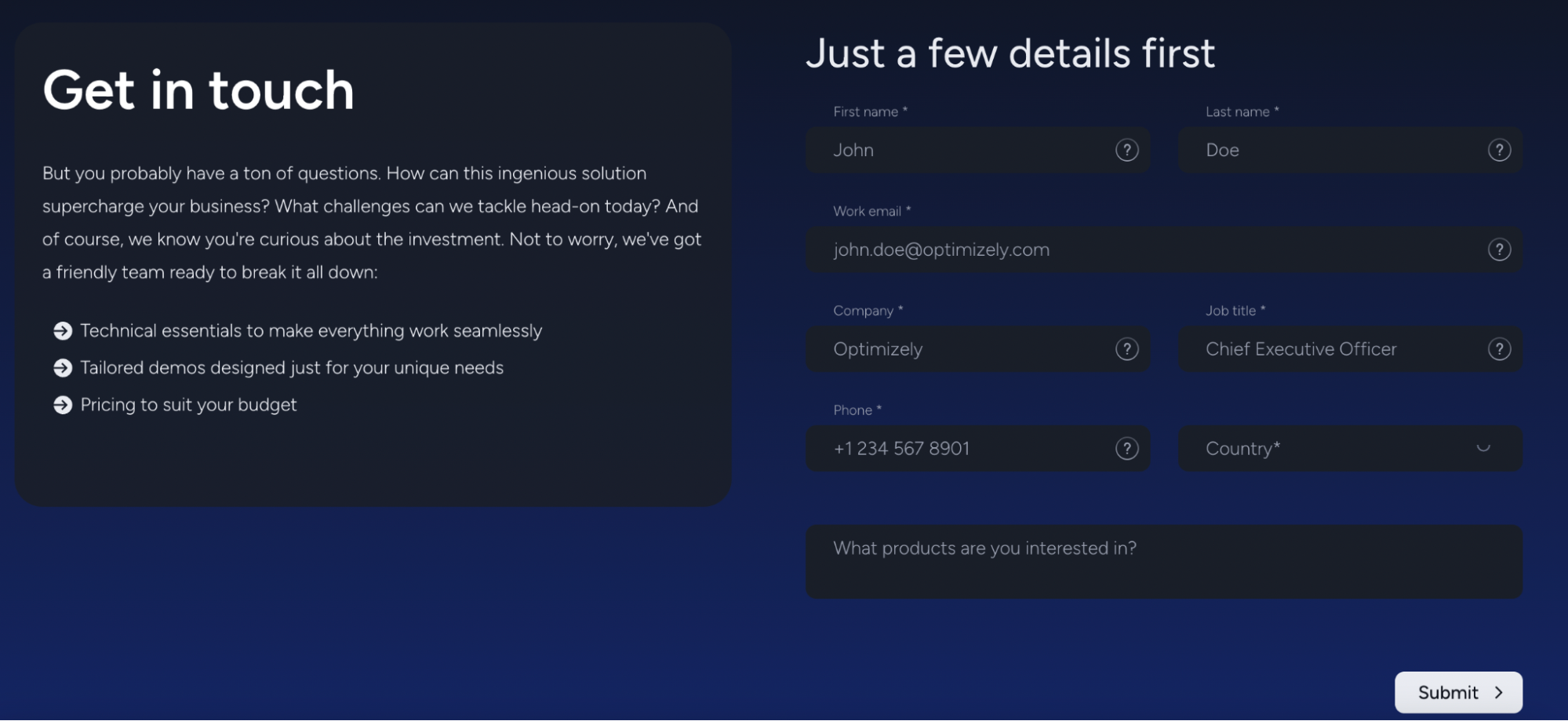 A dark-themed contact form inviting users to “Get in touch” by entering personal and company details such as name, email, job title, phone, and country, alongside bullet points explaining demo and pricing benefits.