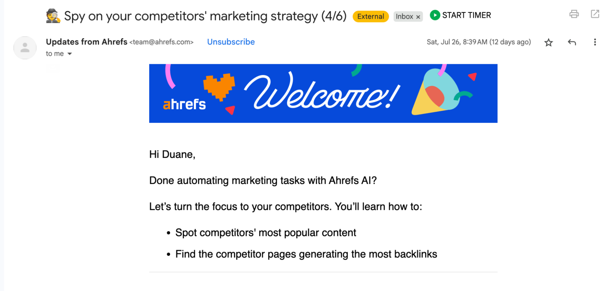 Screenshot of an email from Ahrefs with a colorful Welcome! banner. The message invites Duane to focus on competitors, with tips on spotting popular content—essential strategies covered in Digital Marketing 101.